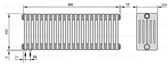 Схема (чертеж) Радиатор Zehnder Charleston 6045/21 №3370 Белый глянцевый RAL 9016